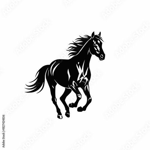 Stylized black horse running in a powerful gallop vector illustration.