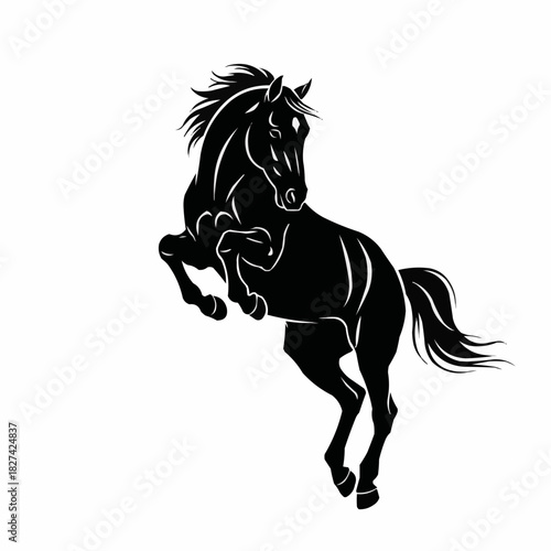 Majestic Black Horse Rearing Up in Dynamic Pose.
