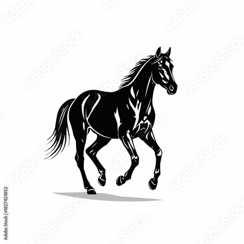 Elegant black horse galloping gracefully across a pristine white backdrop.