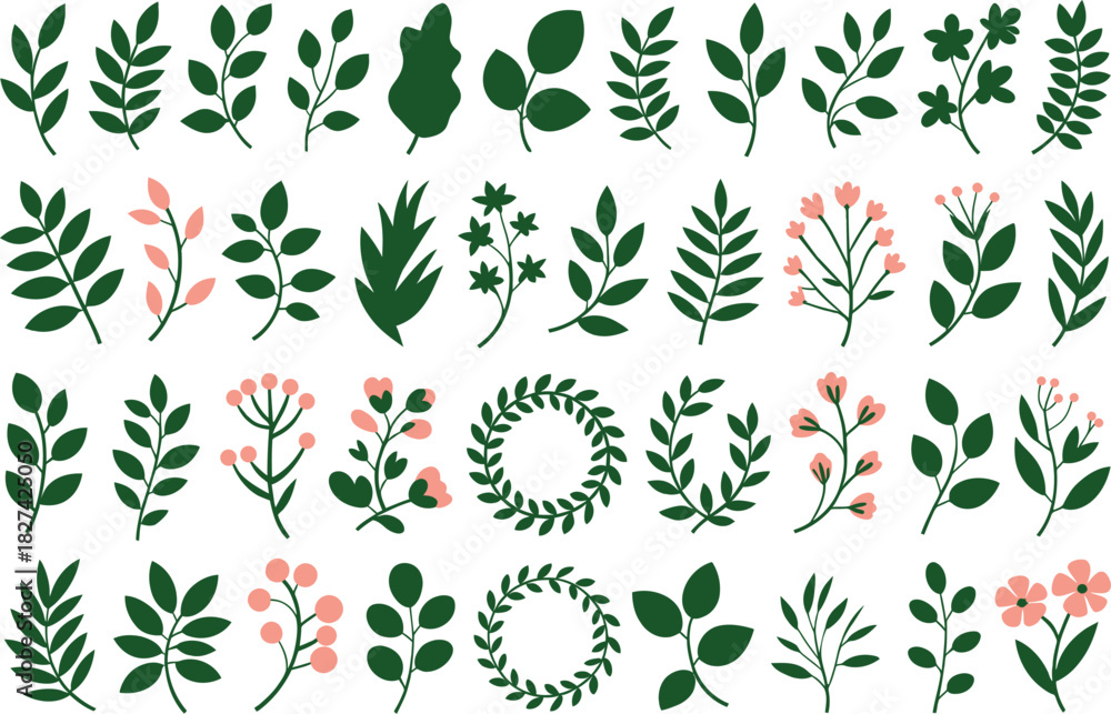 Fototapeta premium Assortment of Green Leaves and Pink Flowers with Branches and Wreaths