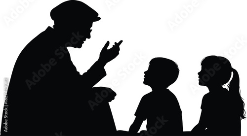 Silhouette of an older person telling a story to two attentive young children isolated on white background