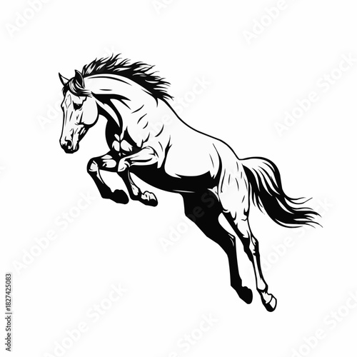 Stylized black and white drawing of a rearing mustang.