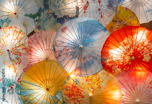 colorful traditional Chinese paper umbrellas as decoration