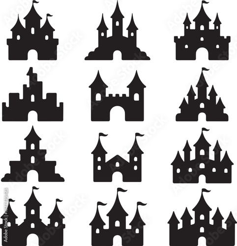 Collection of fairytale castle silhouettes for children books and designs