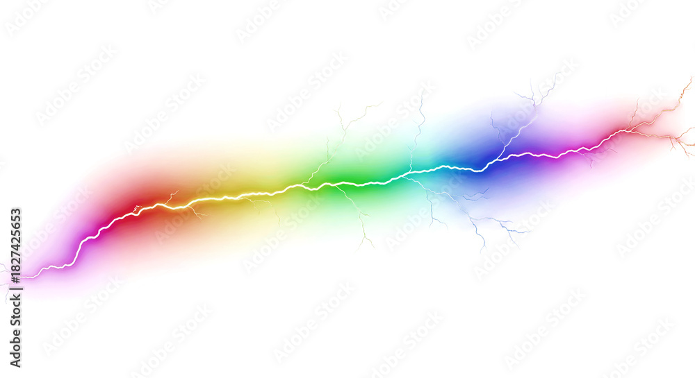 Naklejka premium Dynamic rainbow lightning bolt crackles across a stark black background, symbolizing energy and power
