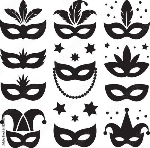 Collection of festive masks for masquerade party celebration in black silhouette