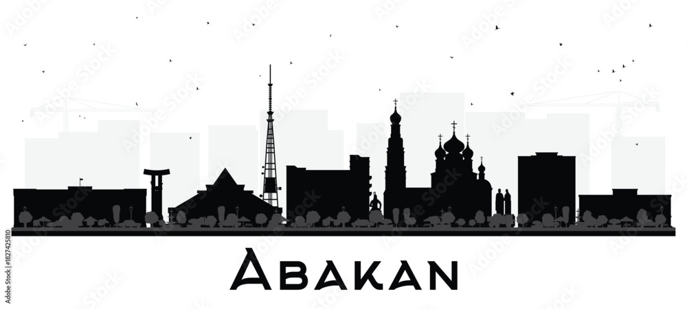 Obraz premium Abakan Russia city skyline silhouette with black buildings isolated on white. Abakan cityscape with landmarks. Business travel and tourism concept with modern and historic architecture.