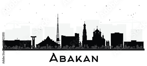 Abakan Russia city skyline silhouette with black buildings isolated on white. Abakan cityscape with landmarks. Business travel and tourism concept with modern and historic architecture.