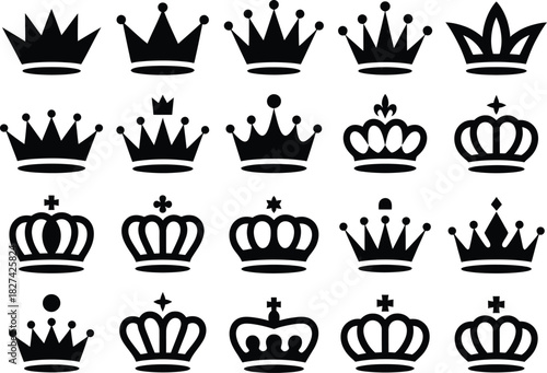 Collection of Black Crown Silhouettes on White Background