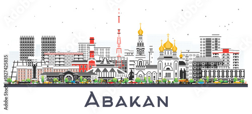 Abakan Russia city skyline with color buildings isolated on white. Abakan cityscape with landmarks. Business travel and tourism concept with modern and historic architecture.