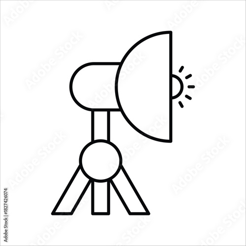 Clean line icon of a professional studio light on a tripod, symbolizing the essential concept of controlled illumination for photography and creative content, ideal for capturing perfect images