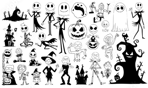 Large Collection of Halloween Characters, Spooky Ghosts, Creepy Pumpkins, Haunted Houses, and Gothic Cartoon Element Silhouettes, Vector Set