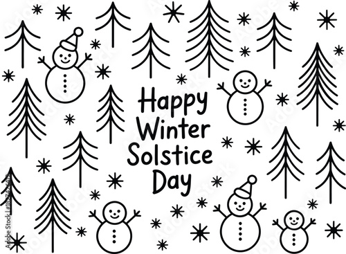 Happy Winter Solstice Day with snowmen and trees celebration