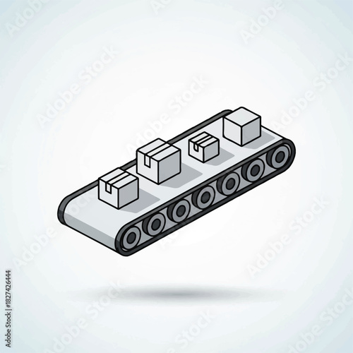 Industrial conveyor belt carrying small cubic boxes in motion illustration.
