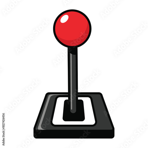 Red knobbed joystick or gear shifter cartoon illustration. classic arcade game controller or manual transmission lever vector, good for retro gaming, automotive, control themes.