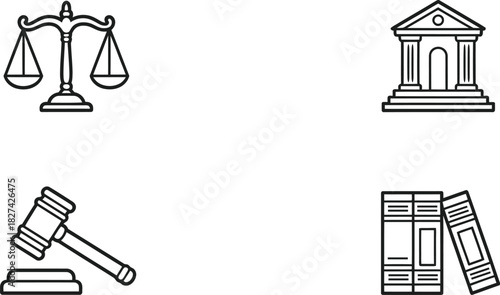 Legal Icons: Scales of Justice, Courthouse, Gavel, and Books