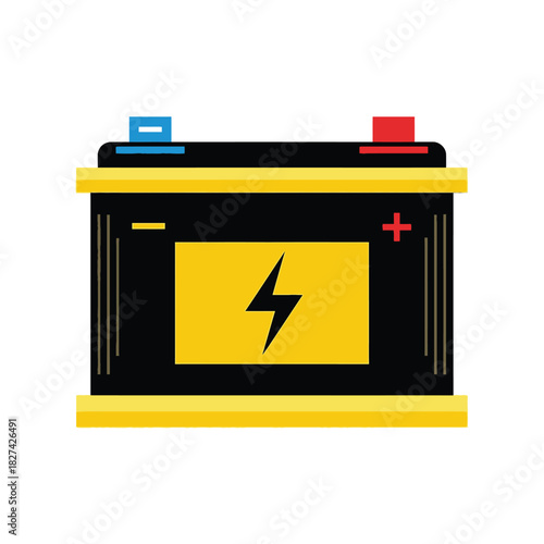 Automotive vehicle energy storage car battery with positive and negative terminals and a lightning bolt symbol indicating power and electrical charge for starting motor systems