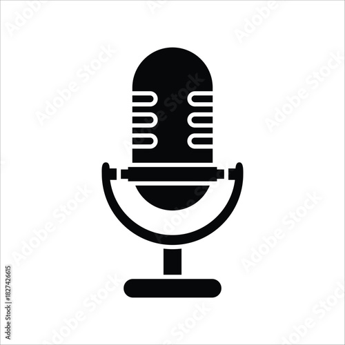 Classic vintage style microphone icon, a sleek black silhouette for podcasting, broadcasting, recording audio, and various communication projects. Ideal for web, app design, and multimedia content