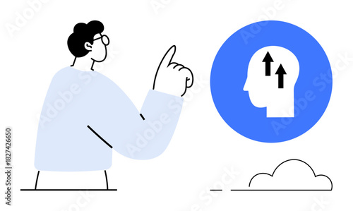 Mind growth concept. A person gestures toward a head symbol with arrows in a blue circle mind growth. Mind growth ideas for psychology, education, success, innovation, development
