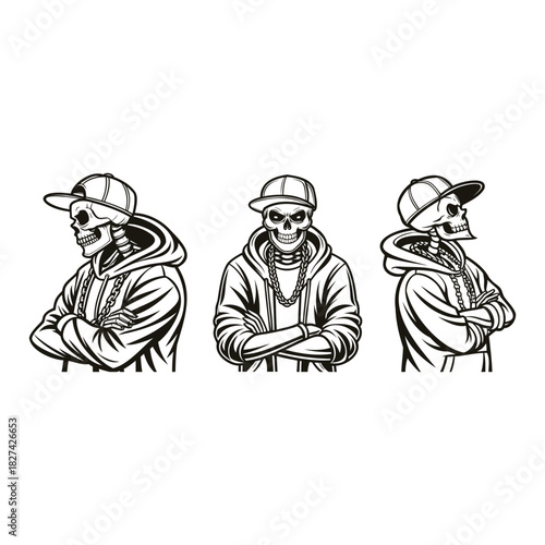 Skeleton Gang Characters with Hoodies, Caps and Chains in Urban Street Style, Hip Hop rapper cool Characters Vector Illustration.