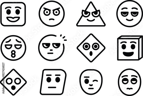 Set of Twelve Expressive Emoji Icons in Various Shapes