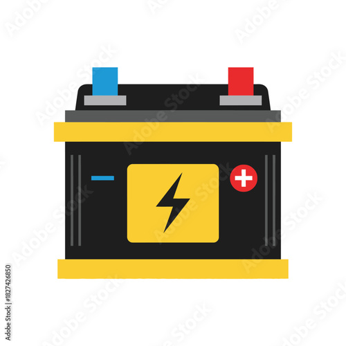 Automotive car battery illustration, a vital power source for vehicles, with positive and negative terminals clearly marked, featuring a prominent lightning bolt symbol for energy.