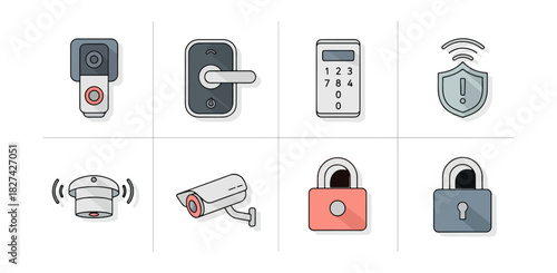 Security system icons and illustrations on a dark background for protection and safety
