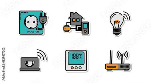 Smart home icons set electrical outlet remote lightbulb wi fi thermostat router