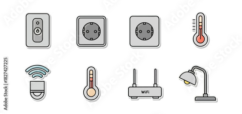 Smart home technology icons electrical outlets thermometers wi fi router and lamp