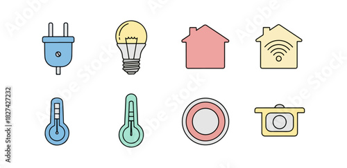 Smart home technology icons plug lightbulb house thermometer and control panel