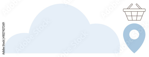 Cloud with geolocation marker and shopping basket illustrating cloud technology, online shopping, geolocation services, e-commerce, data storage, digital navigation, and location-based commerce in