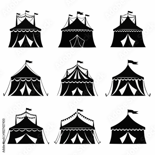 Whimsical Circus Tents A Collection of Black Silhouettes Depicting Festive Big Tops with Flags and Pennants, Perfect for Carnival, Events, and Graphic Designs