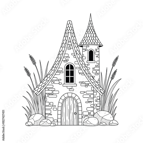 Whimsical fairytale fantasy stone house with peaked and turret roofs, arched windows, and wooden door, surrounded by tall grass and rocks, line art illustration for coloring.