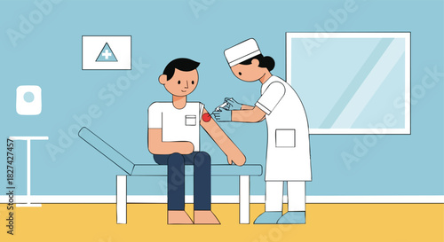 Medical Professional Administering a Vaccine Injection to a Male Patient's Arm in a Clinic.