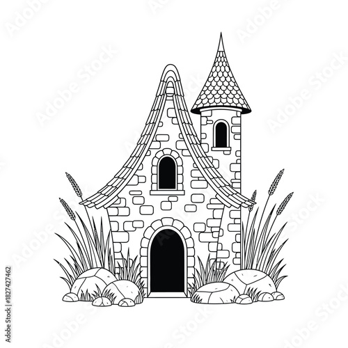 Whimsical fairytale stone house line art with a turret and arched details, nestled in grass and rocks. ideal for coloring books, children's stories, and magical fantasy designs for kids.