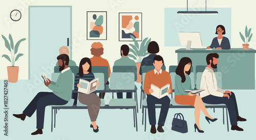 Diverse Group of Patients Waiting in a Busy and Modern Medical Clinic Reception Area.