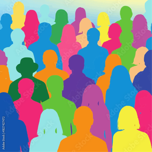 Vibrant Crowd of Diverse Silhouettes A Spectrum of People, Unity, and Community Gathering, Representing Human Diversity in a Colorful Mosaic