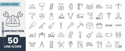 Construction line icons set with editable stroke. Contains icons related to helmet, building, hammer, wrench, crane, repair tools, builder and more. Vector illustration