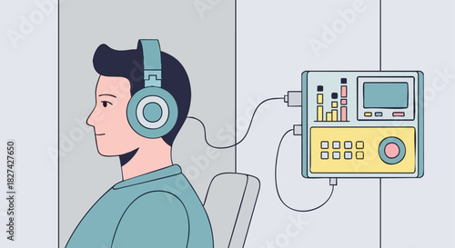 Male Patient Undergoing a Hearing Test using Headphones Connected to an Audiometer.