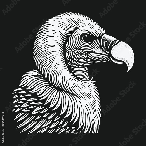 Black and white vulture head illustration in engraving style.