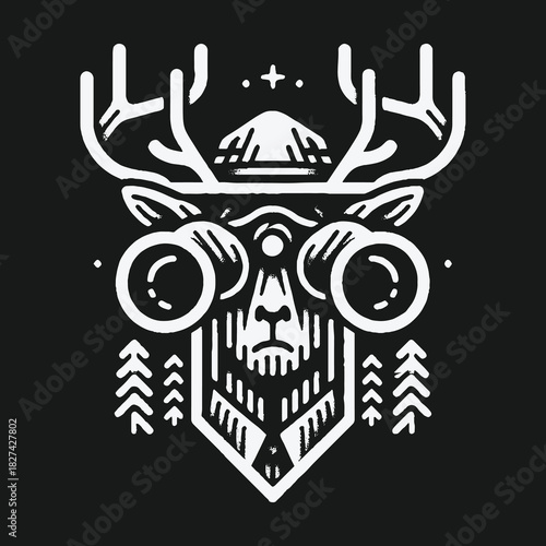 Stylized Deer Head with Binoculars and Mountain Hat Illustration.