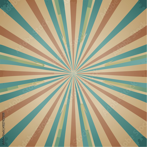 Distressed vintage sunburst background with radial lines in retro brown and teal tones, creating a nostalgic textured design for classic projects and elegant presentations
