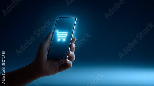 Wallpaper Mural Hand holding smartphone with glowing shopping cart icon on screen, representing online shopping and e-commerce. Torontodigital.ca