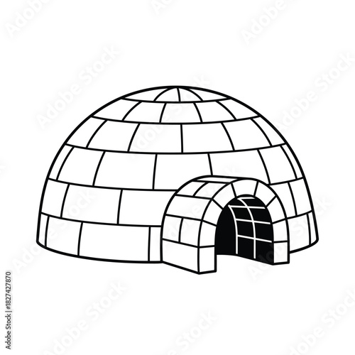 Isolated simple line art illustration of an igloo, a traditional snow house or shelter built by inuit people, representing arctic environments, winter survival, and cold weather dwelling.