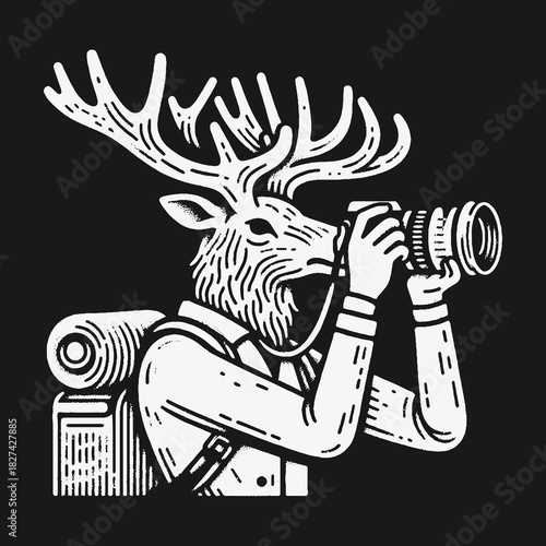 Monochrome illustration of an anthropomorphic deer photographer on an adventure.