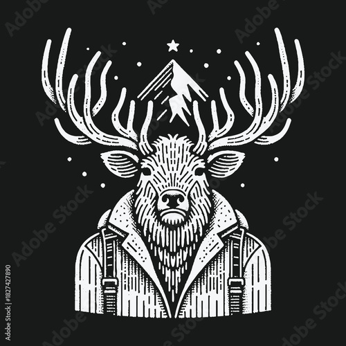 Stylized illustration of a deer wearing a jacket with mountains and stars.