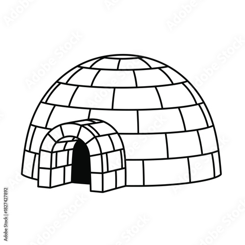 Igloo black outline drawing vector illustration. traditional arctic dwelling made of ice blocks, cold weather shelter, winter housing symbol, isolated on white background