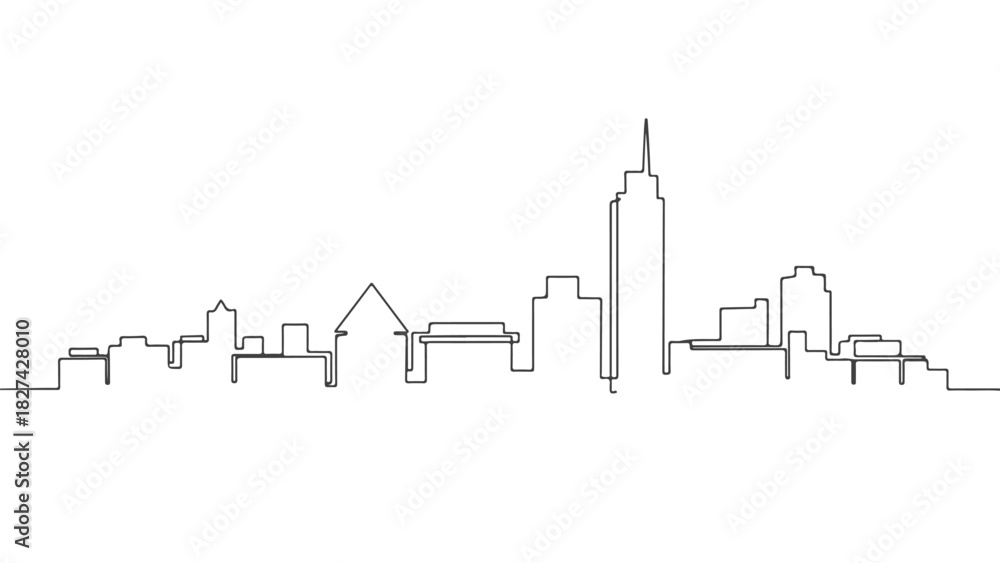 Obraz premium Continuous one line art drawing of a modern city skyline, minimalist urban landscape illustration in a single stroke vector style