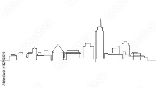 Continuous one line art drawing of a modern city skyline, minimalist urban landscape illustration in a single stroke vector style