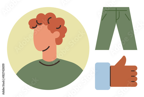 Person with curly hair in a green shirt, green pants, and a thumbs-up hand sign. Ideal for teamwork, positivity, fashion, approval, individuality lifestyle modern communication. Simple flat